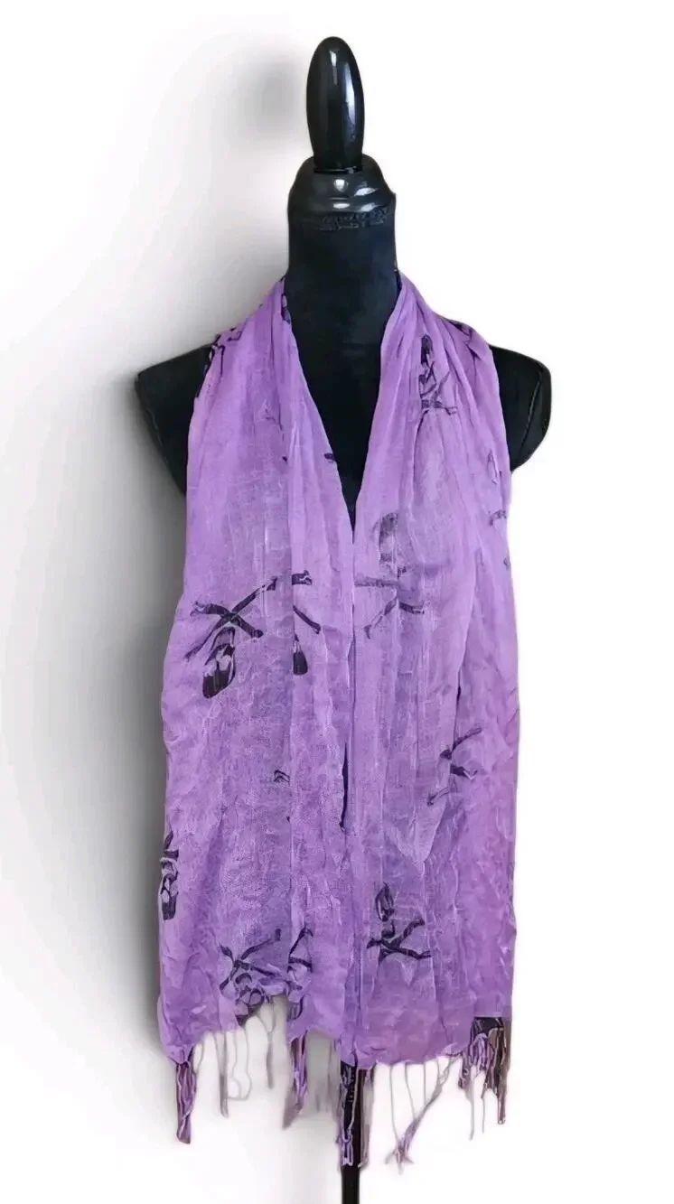 Women's Purple Skull & Bones Punk Rock Halloween Scarf Wrap Shawl, Fringe Edge